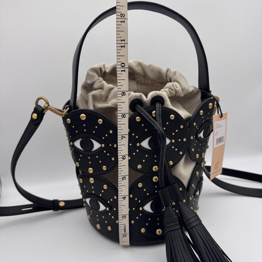 Rebecca Minkoff Evil Eye Bucket Bag Studded Leather Canvas Crossbody Black NEW - Picture 14 of 16